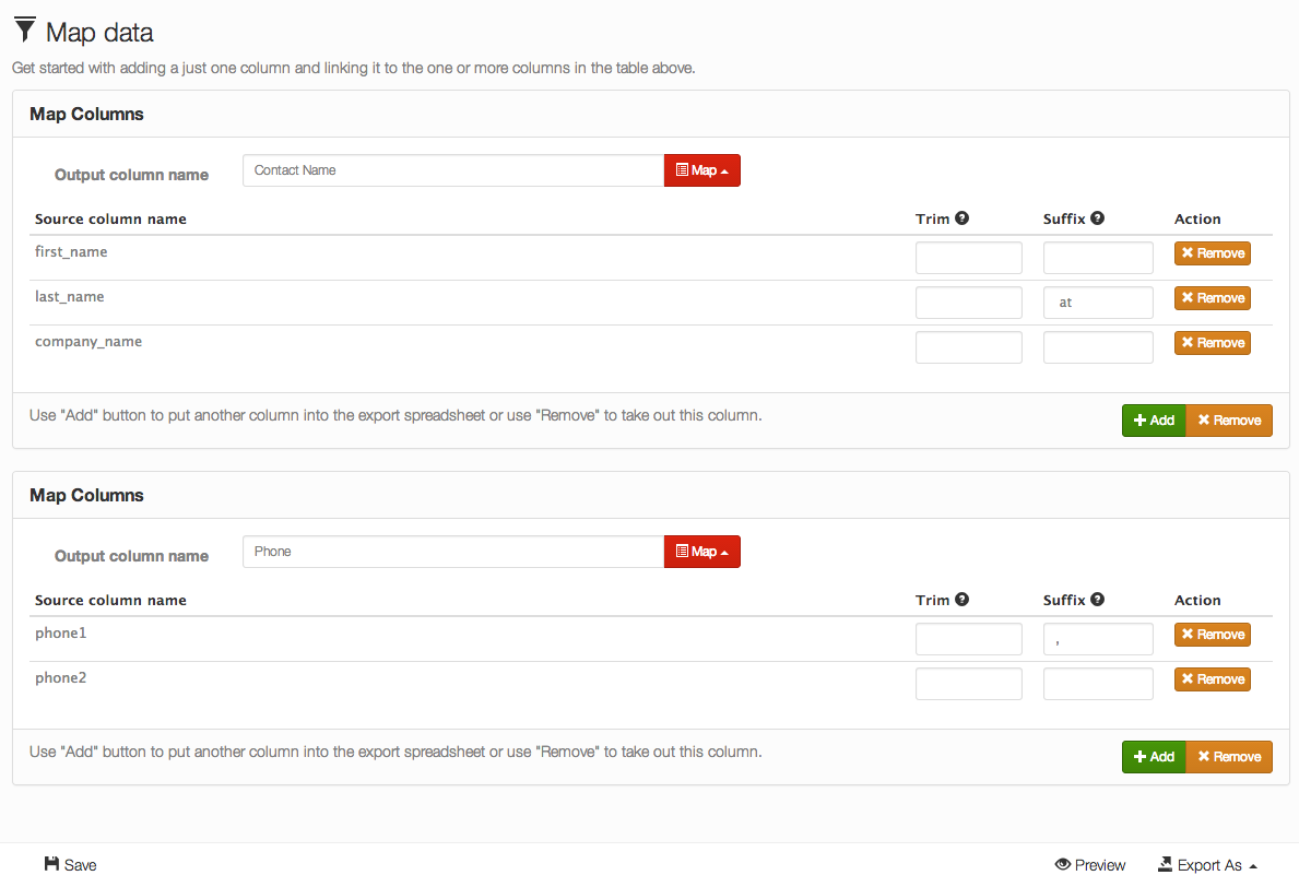 Adding custom fields to the export and mapping source columns from the imported spreadsheet.